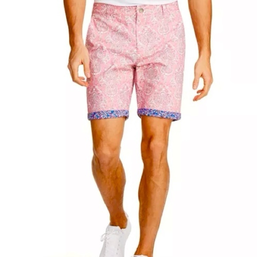 Tallia Sport 38 Paisley Pink Shorts Flip Cuff Hem Men's Modern-Fit Stretch